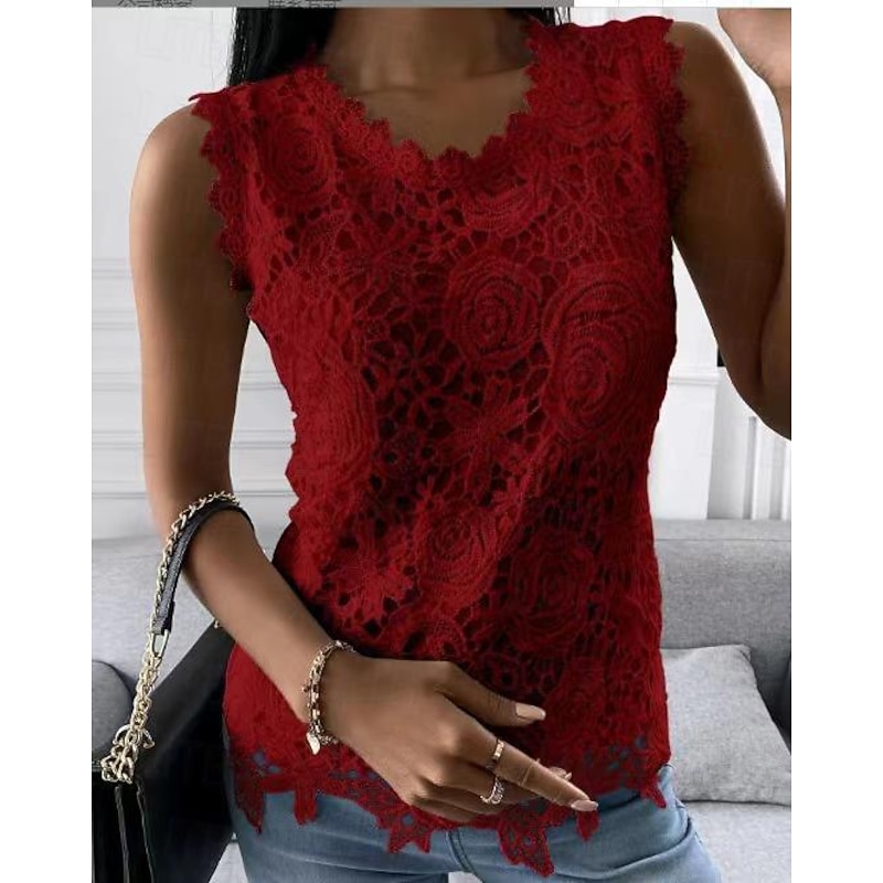 Women's Camisole Tank Top Eyelet top White Lace Shirt Women's Black White Pink Solid Color Lace Street Daily Fashion Round Neck S 5