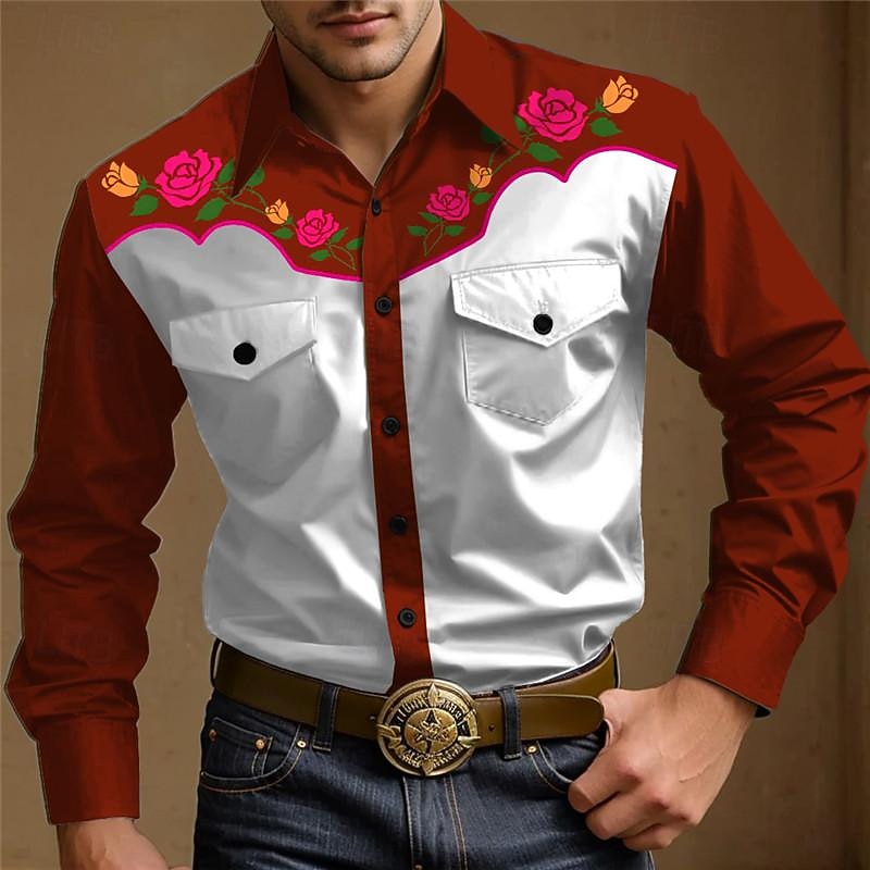 Men's Rose Western Shirt Button Up Shirt Cowboy Shirt Long Sleeve Vintage Western Daily Wear Going out Weekend Spring Fall Winter Turndown Collared Shirts 3D Print Front Pocket Burgundy Dark Navy3