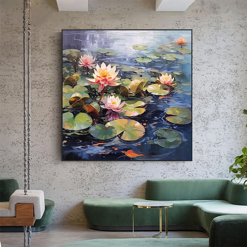 Handmade Original Lotus Flower Oil Painting On Canvas Wall Art Decor  Minimalist lake for Home Decor With Stretched Frame/Without Inner Frame Painting3