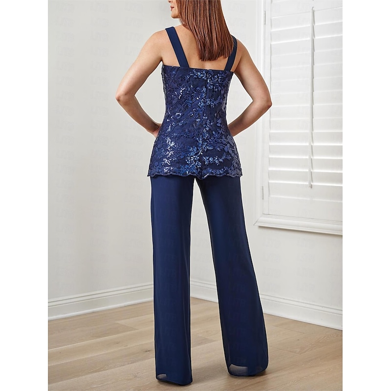 Pantsuit 3 Piece Mother of the Bride  Formal Wedding Guest Elegant Square Neck Floor Length Chiffon Sequined 3/4 Length Sleeve with Sequin Appliques4