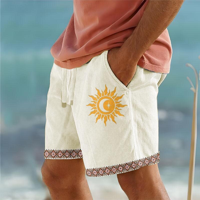 Men's Cotton Linen Shorts Summer Shorts Beach Shorts Print Drawstring Elastic Waist Sun Comfort Breathable Short Outdoor Holiday Going out Cotton Blend Hawaiian Ethnic Style White Army Green3