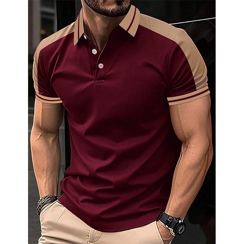 Men's Button Up Polos Golf Shirt Casual Holiday Lapel Short Sleeve Fashion Basic Color Block Patchwork Embroidered Summer Regular Fit Wine Black Navy Blue Green Light Blue Grey Button Up Polos