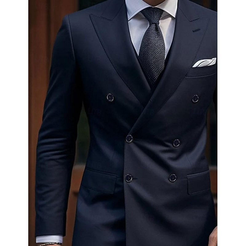 Men's Wedding Suits Peak Dark Blue Daily Business Solid Colored Tailored Fit 2 Piece Double Breasted Six-buttons2