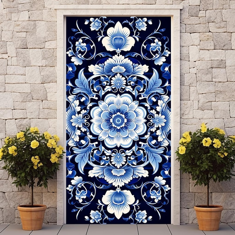 Blue Sketch Flowers Door Covers Door Tapestry Door Curtain Decoration Backdrop Door Banner for Front Door Farmhouse Holiday Party Decor Supplies4