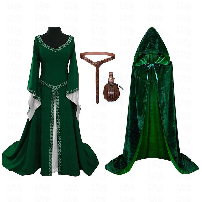 Medieval Renaissance Cocktail Dress Waist Belt Prom Dress Hooded Cloak Viking Outlander Elven Fancy Dress Women's Celtic Fantasy Royal Halloween Carnival Masquerade Party Festival Adults' Coat Dress