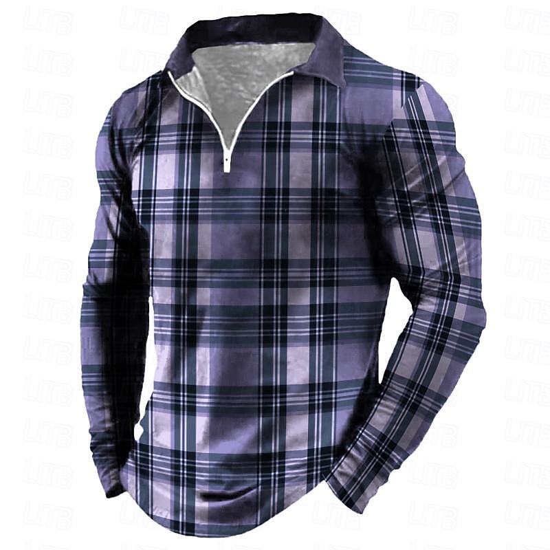 Men's Plaid Zip Polo Shirts Golf Shirt Long Sleeve Polo Shirts Collared Shirts Vintage Casual Vacation Wear Formal Wear Festival Wear 3D Print Quarter Zip Polo Spring Pink Purple Khaki2
