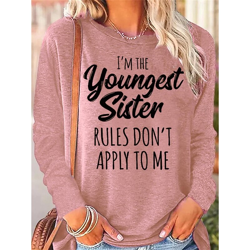 Women's T shirt Long Sleeve Letter Family Fashion Long Sleeve Round Neck Regular Tops Daily Weekend Print Black Pink Blue Green Khaki Spring & Fall Spring, Fall, Winter,  Prefall3