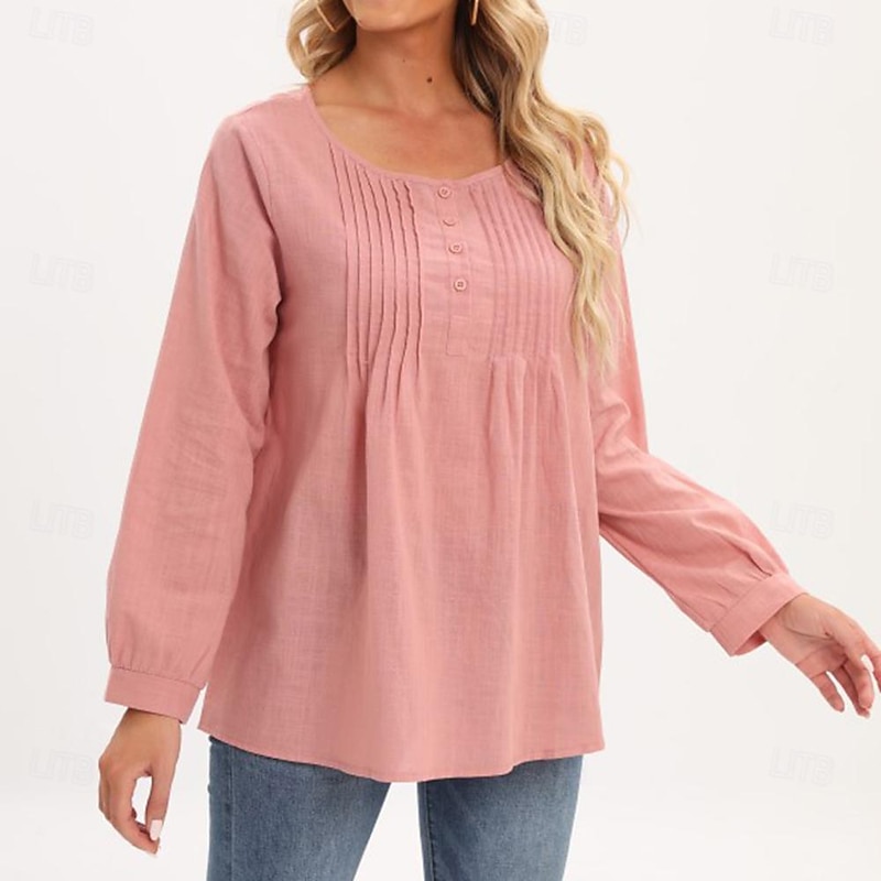 Linen Shirt Long Cotton Top White Cotton Top White Cotton Blouse Women's White Yellow Pink Solid Color Buttons Street Daily Fashion Shirt Collar Cotton Linen Regular Fit M