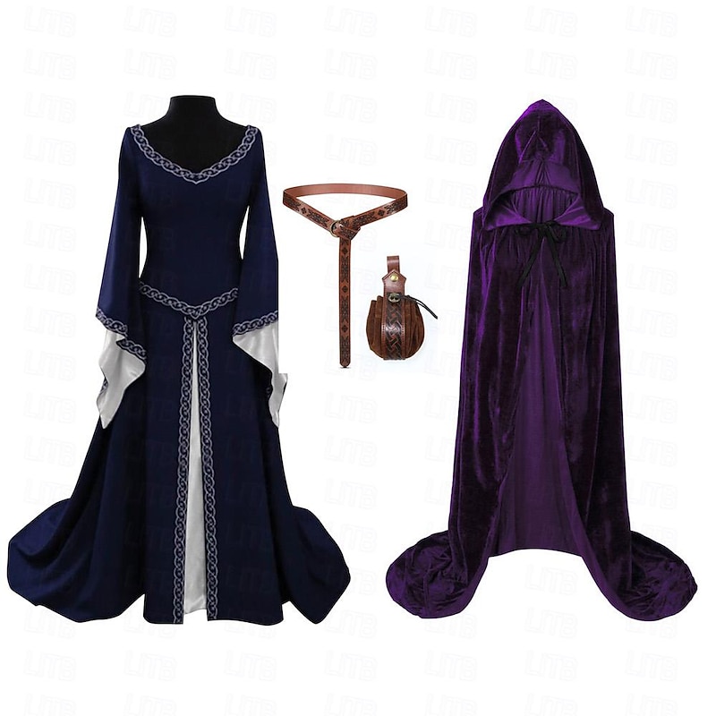 Medieval Renaissance Cocktail Dress Waist Belt Prom Dress Hooded Cloak Viking Outlander Elven Fancy Dress Women's Celtic Fantasy Royal Halloween Carnival Masquerade Party Festival Adults' Coat Dress4