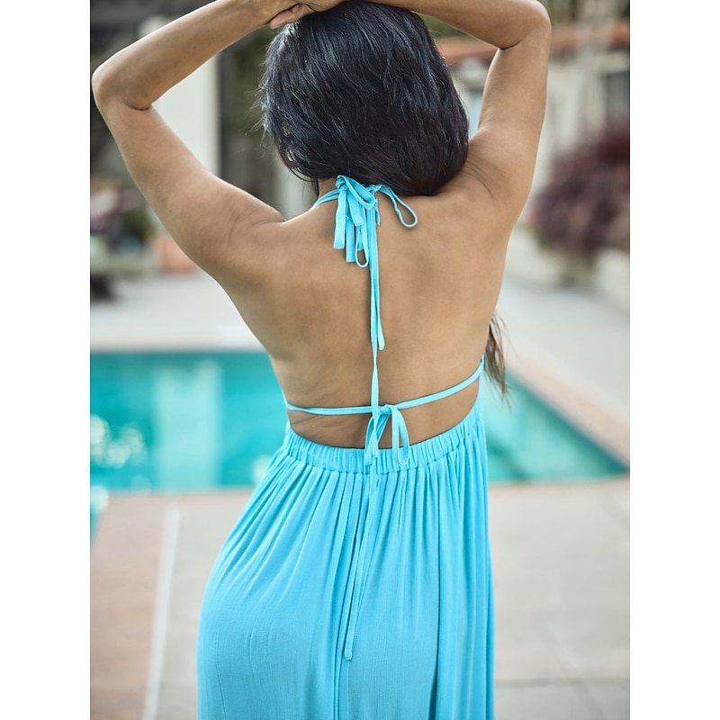 Women's Resort Maxi Dress Smocked Waist Blue Elegant Halter Neck Cami Maxi Dress Beach Cover Up3