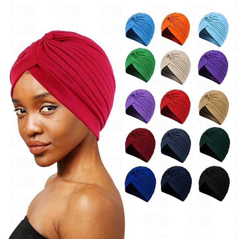 Turban Hats Soft Pre Tied Knot Fashion Pleated Cancer Turban Cap Chemo Headwrap Sleep Hat Solid Color Orange For Women Kings Day Casual Daily