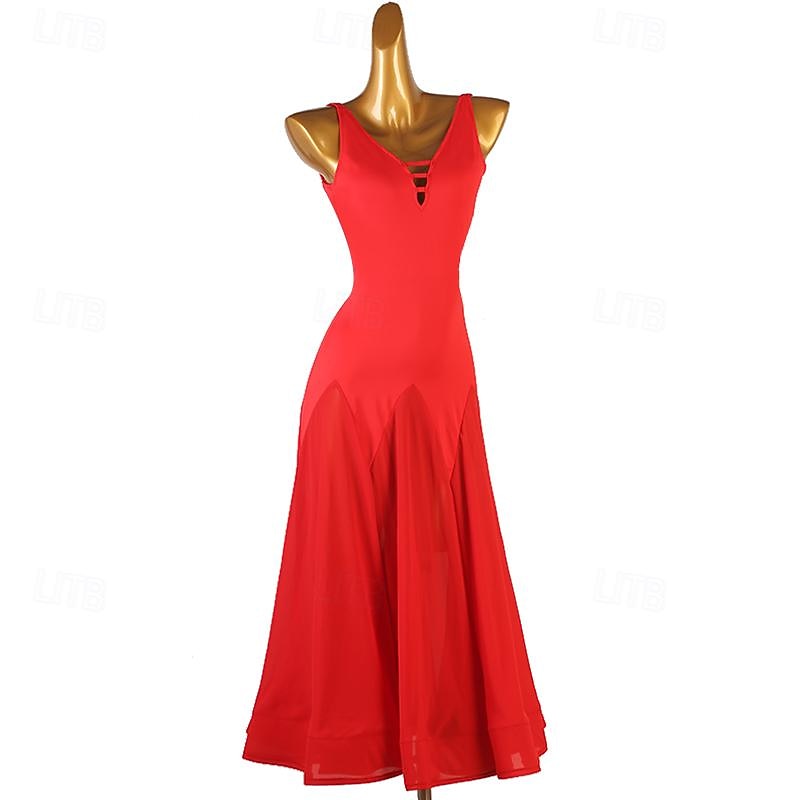 Ballroom Dance Dress Pure Color Women's Performance Training Sleeveless High Chiffon Chinlon2