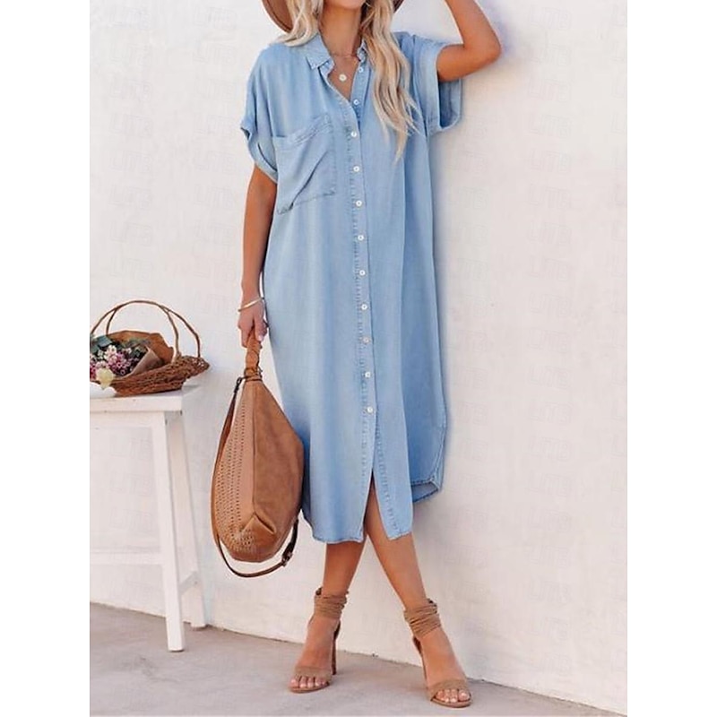 Women's Shirt Dress Midi Dress Denim Button Pocket Date Streetwear Shirt Collar Short Sleeve Blue Color