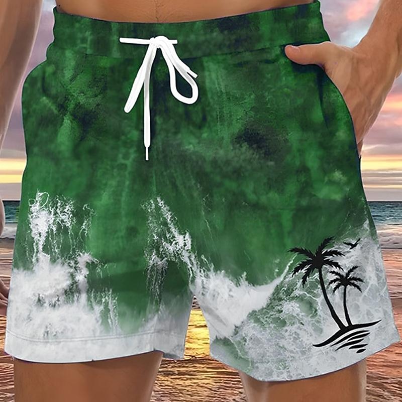 Men's Coconut Tree Waves Swim Trunks Swim Shorts Board Shorts Mid Waist Hawaiian Casual Holiday Beach Drawstring with Mesh lining Elastic Waist Designer Clothing Apparel3