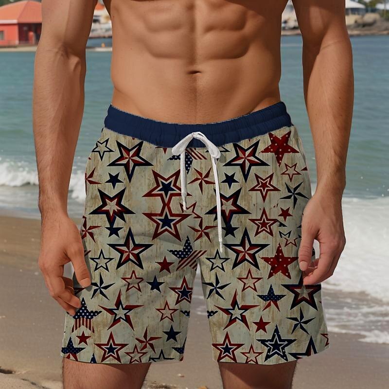 Men's Star National Flag Swim Trunks Swim Shorts Board Shorts Mid Waist Vacation Hawaiian Holiday Vacation Holiday Beach Drawstring with Mesh lining Elastic Waist Designer Clothing Apparel