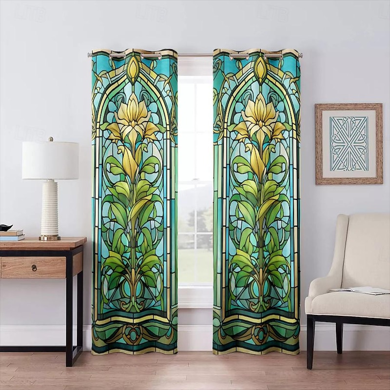 2 Panels 100% Blackout Curtain Stained Glass Pattern Curtain Drapes For Living Room Bedroom Kitchen Window Treatments Thermal Insulated Room Darkening