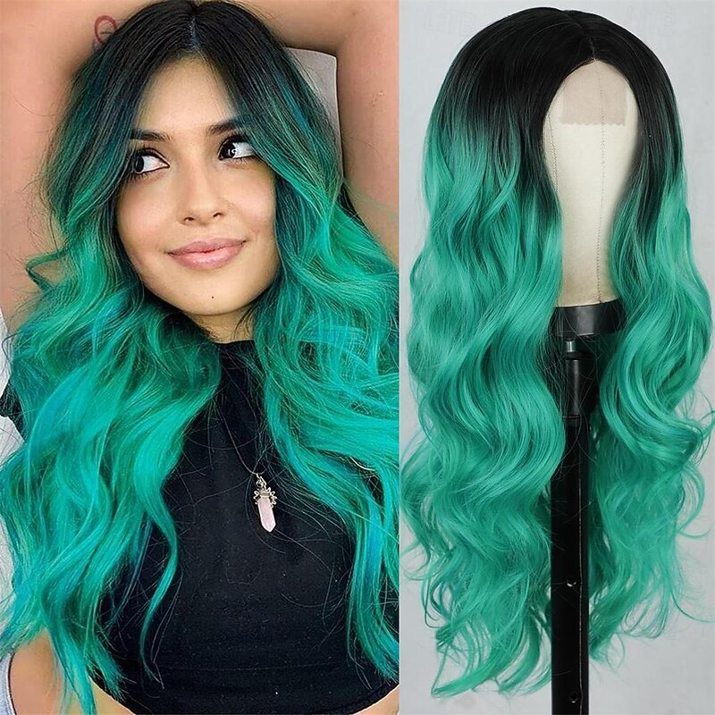 Long Wavy Wig for Women Ombre Green Middle Part Wigs Teal Wigs Long Curly Synthetic Heat Resistant Hair with Natural Hairline for Cosplay Party Everyday Use St.Patrick's Day Wigs