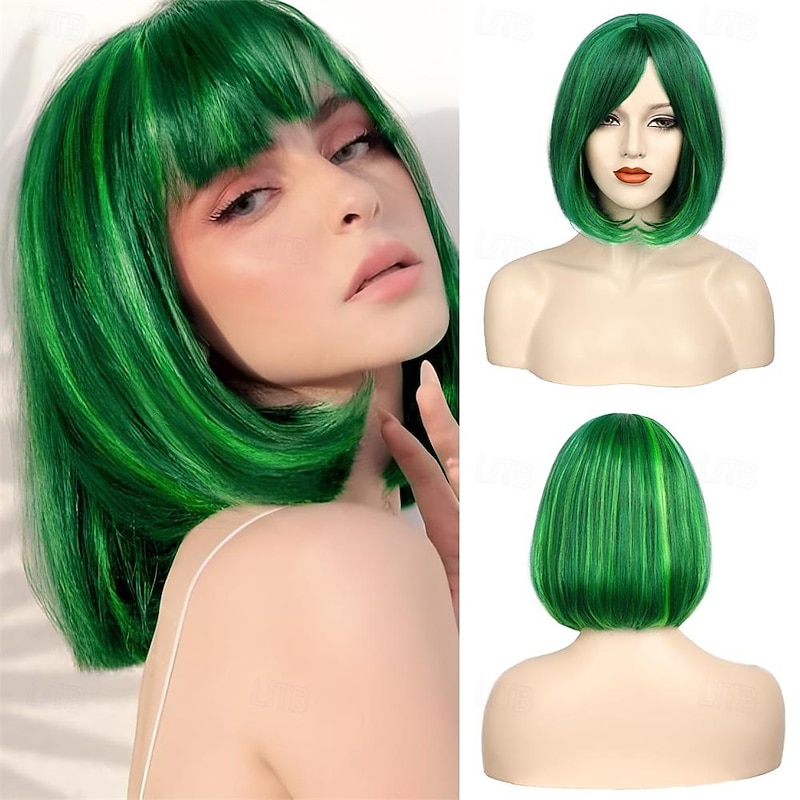 Green Bob Wigs for Women Short Bob Wig with Bangs 14 inch Straight Wigs Soft Synthetic Full Wigs for Daily Party St.Patrick's Day Wigs Halloween Wigs