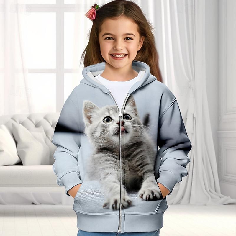 Girls' 3D Cat Hoodie Coat Outerwear Pink Long Sleeve Fall Winter Active Cute Streetwear Kids 3-12 Years Zip Street Daily Regular Fit4
