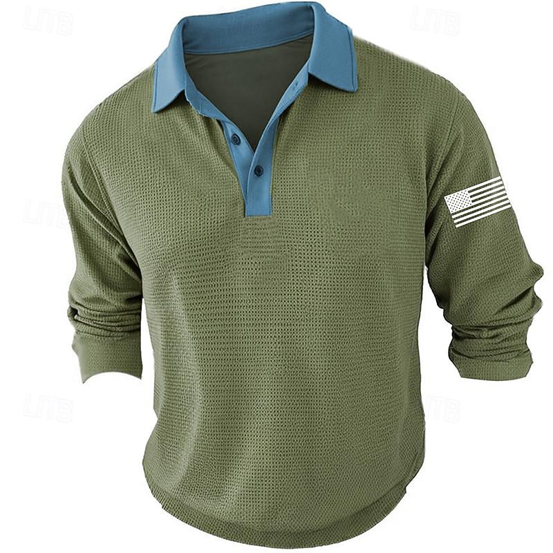Men's American Flag Veterans Golf Shirt Long Sleeve Polo Shirts Collared Shirts Casual Vacation Wear Party Outfits Buttons 3D Print Spring & Summer Blue Green Khaki3