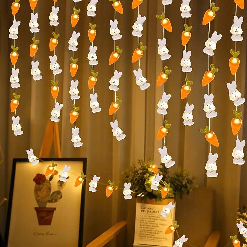 Easter Decor Lights 2m 20LEDs Rabbit Radish Copper Wire LED Fairy String Lights Battery Powered for Easter Home Garden Decoration Garland Lights2