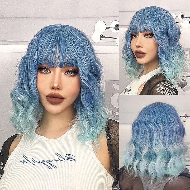 Wig Short Body Wavy Bob Wigs for Women With Bangs Shoulder Length Synthetic Cosplay Party Wig for Girls Daily Use Colorful Wigs