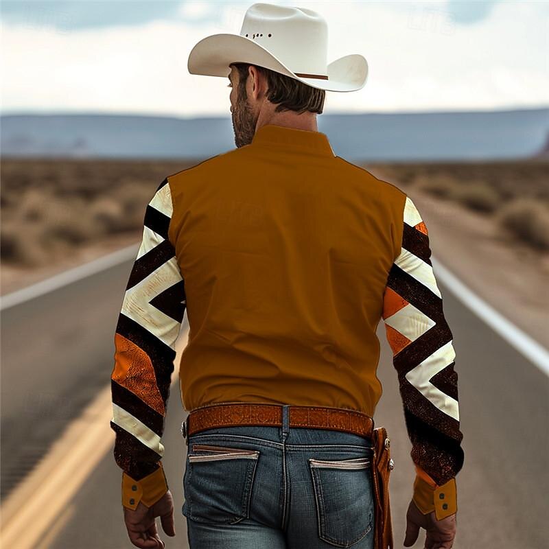 Men's Geometry Western Shirt Button Up Shirt Cowboy Shirt Long Sleeve Vintage Western Daily Wear Weekend Spring Fall Winter Turndown Collared Shirts 3D Print Front Pocket White Blue Brown Green2