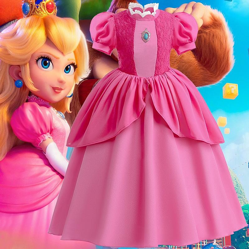 Princess Peach Costume for Girls,Super Brothers Princess Peach Dress for Kids Cosplay Halloween Party Dress Up3