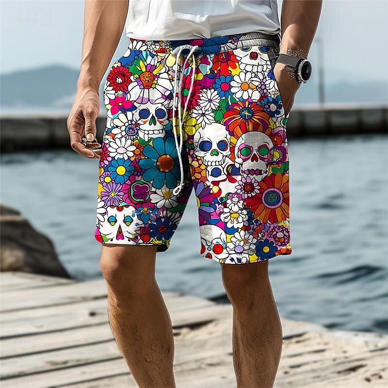 Men's Skull Flower / Floral Swim Trunks Swim Shorts Board Shorts Mid Waist Vacation Hawaiian Holiday Vacation Holiday Beach Drawstring with Mesh lining Elastic Waist Designer Clothing Apparel