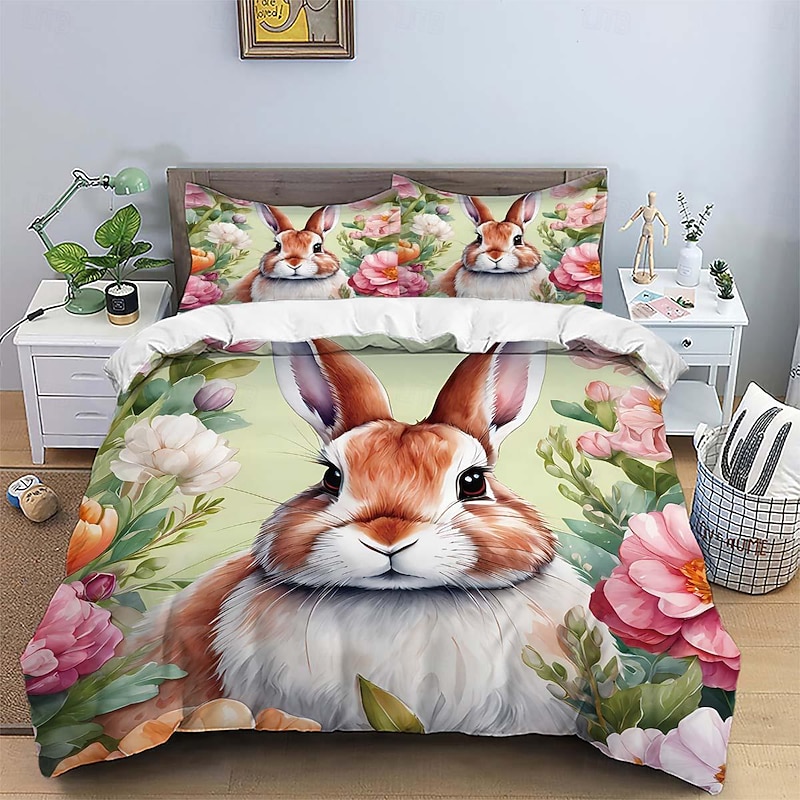 Watercolor Hand-painted Plush Bunny 3-piece set of Down Duvet Covers for Hotel Bedrooms Guest Rooms Luxury Accommodations Bedding Comfort Set 1 Down Duvet Cover 2 Pillowcases