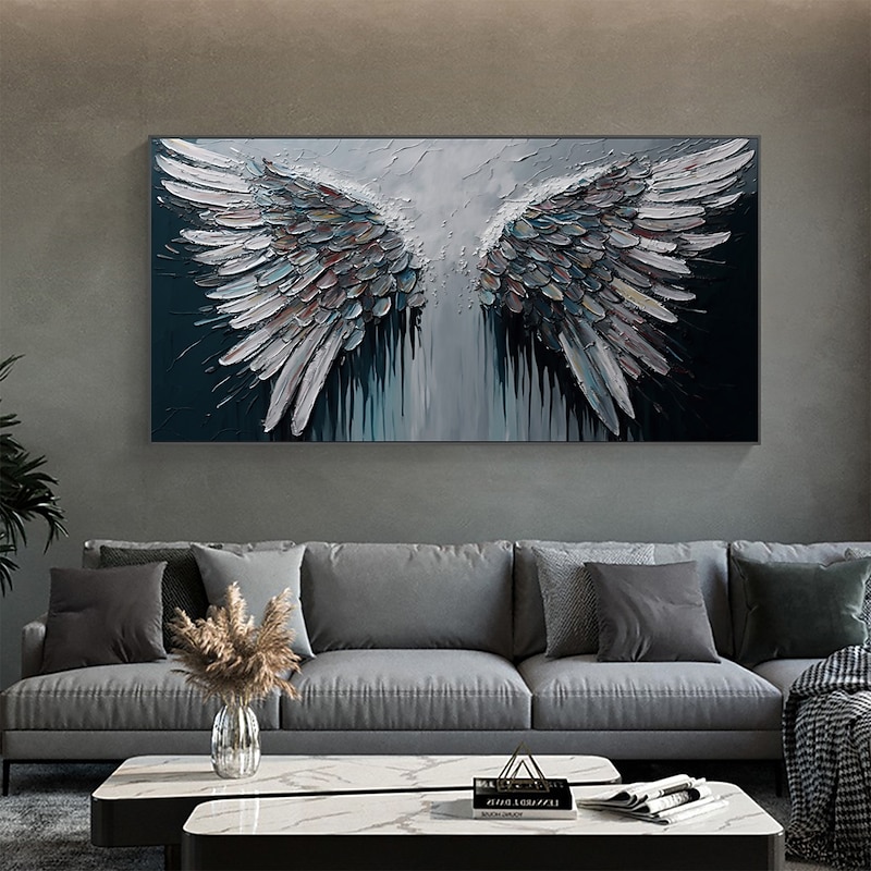 Handmade Original Angel Wing Oil Painting On Canvas Wall Art Decor Abstract Minimalist black Painting for Home Decor With Stretched Frame/Without Inner Frame Painting