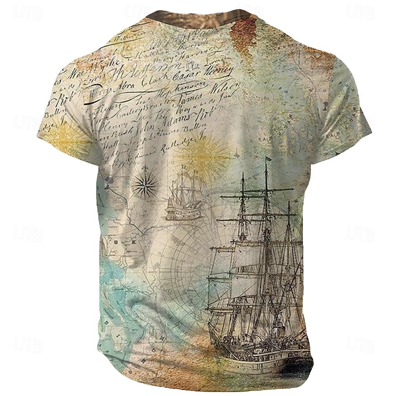 Men's Skull Ship Pirate Henley Shirt 3D Print Fashion Retro Vintage Casual Vacation Street Daily Spring & Summer Blue Green Khaki Gray Henley Henley T-Shirt2