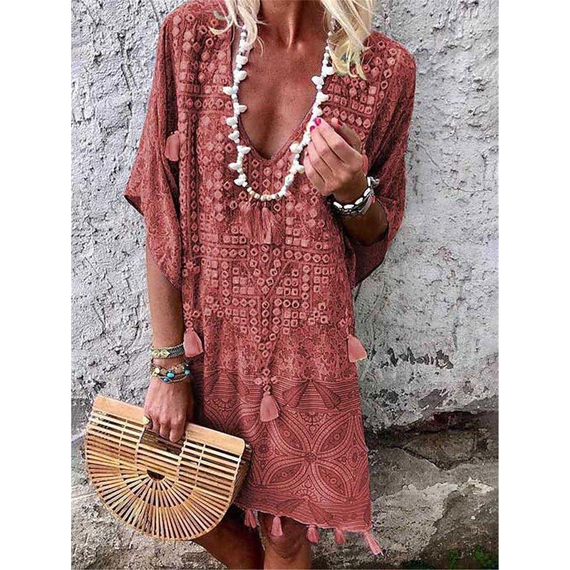 Women's Mini Dress Petite Dress Vintage Dress Casual Dress Boho Chic Dresses Boho Dress Bohemia Ethnic Vacation Holiday Loose Fit Geometric Tribal Half Sleeve V Neck Pink Wine Green Khaki Summer2