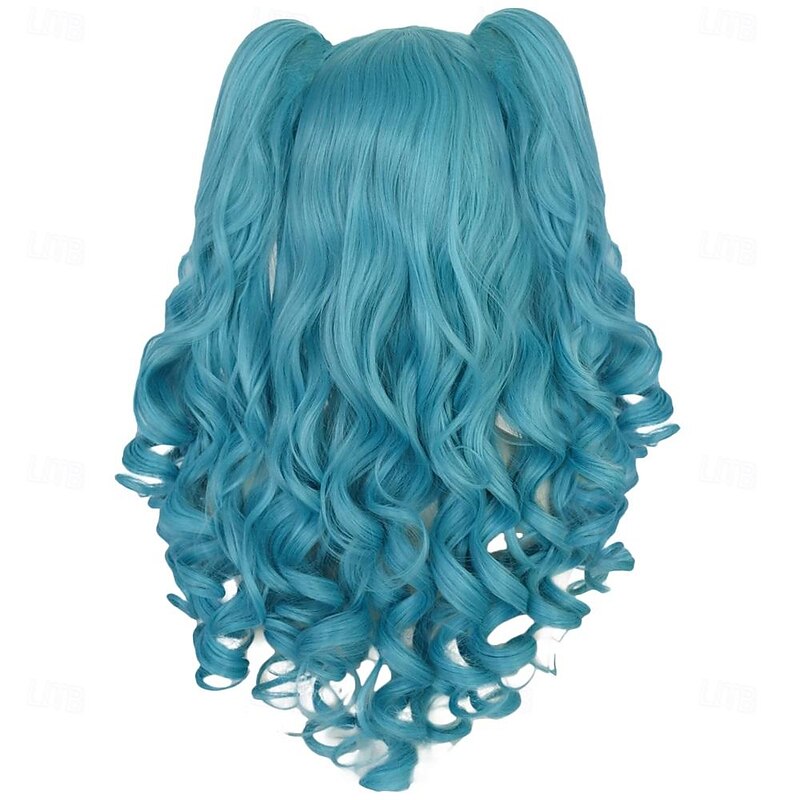 Long Blue Curly Ponytail Wig Light Blue Wig with 2 Ponytails Lolita Wig Blue Wig with Bangs for Women Anime Wig Peluca Azul for Cosplay Costume Carnival Party Halloween Wigs3