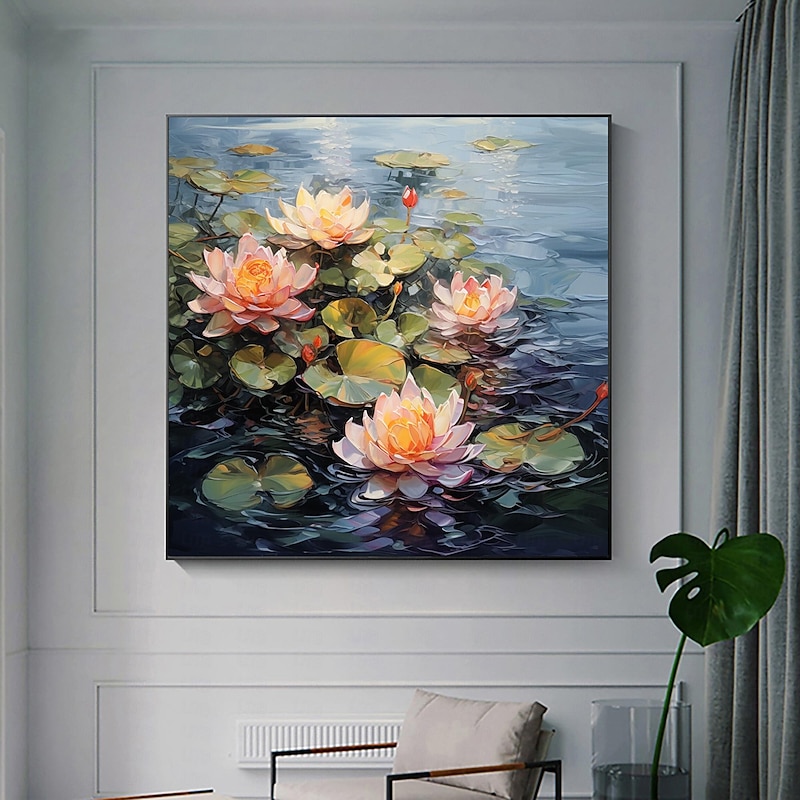 Handmade Original Lotus Flower Oil Painting On Canvas Wall Art Decor  Minimalist lake for Home Decor With Stretched Frame/Without Inner Frame Painting4
