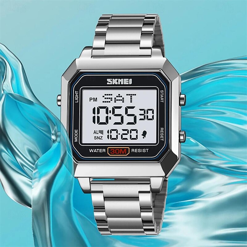 SKMEI Men's Electronic Square Steel Band Student Multi functional Sports Waterproof Night Glow Electronic Watch 21493