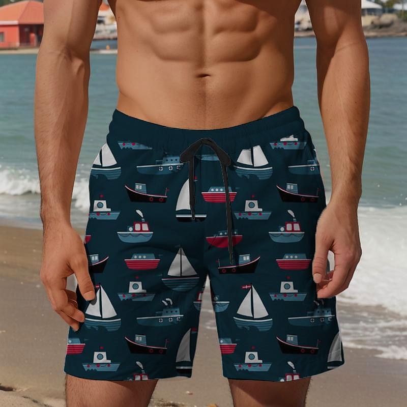 Men's Anchor Sailboat Swim Trunks Swim Shorts Board Shorts Mid Waist Vacation Hawaiian Holiday Vacation Holiday Beach Drawstring with Mesh lining Elastic Waist Designer Clothing Apparel