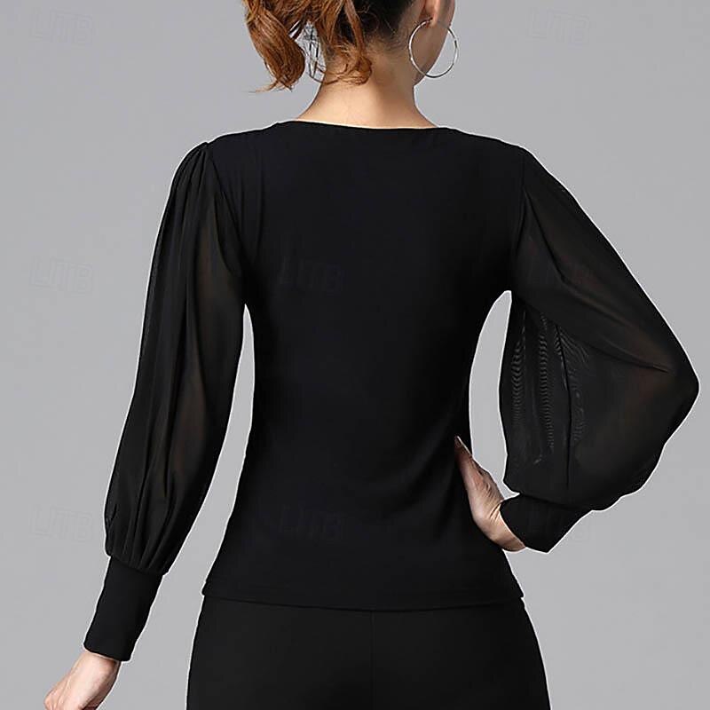 Ballroom Dance Top Pure Color Splicing Tulle Women's Performance Training Long Sleeve High Modal4