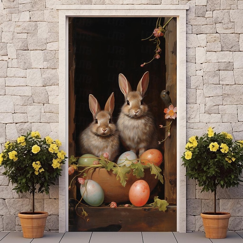 Door Covers Door Decorations Bunny Eggs Mural Decor Door Tapestry Door Curtain Backdrop Door Banner Removable for Front Door Indoor Outdoor Home Room Decoration Farmhouse Decor Supplies2