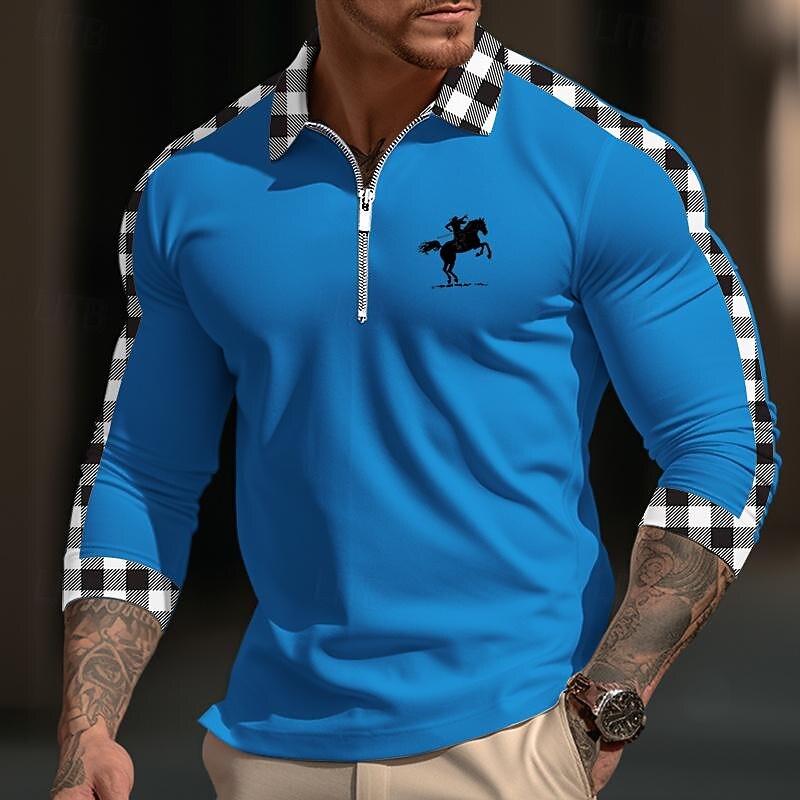 Men's Polo Shirt Quarter Zip Polo Daily Wear Vacation Lapel Long Sleeve Fashion Comfortable Plaid Color Block Embroidery Zip Up Spring &  Fall Regular Fit White Yellow Navy Blue Blue Polo Shirt4