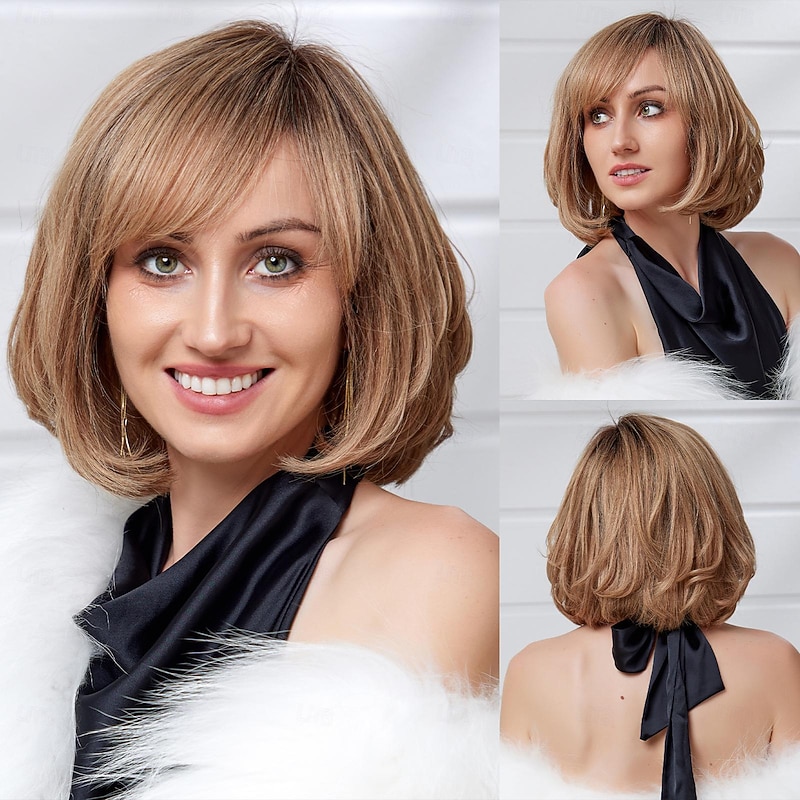 Human Hair Blend Wig Short Natural Straight Pixie Cut Side Part Layered Haircut Asymmetrical Brown Cosplay Curler & straightener Natural Hairline Capless Brazilian Hair Women's All Medium Brown 12