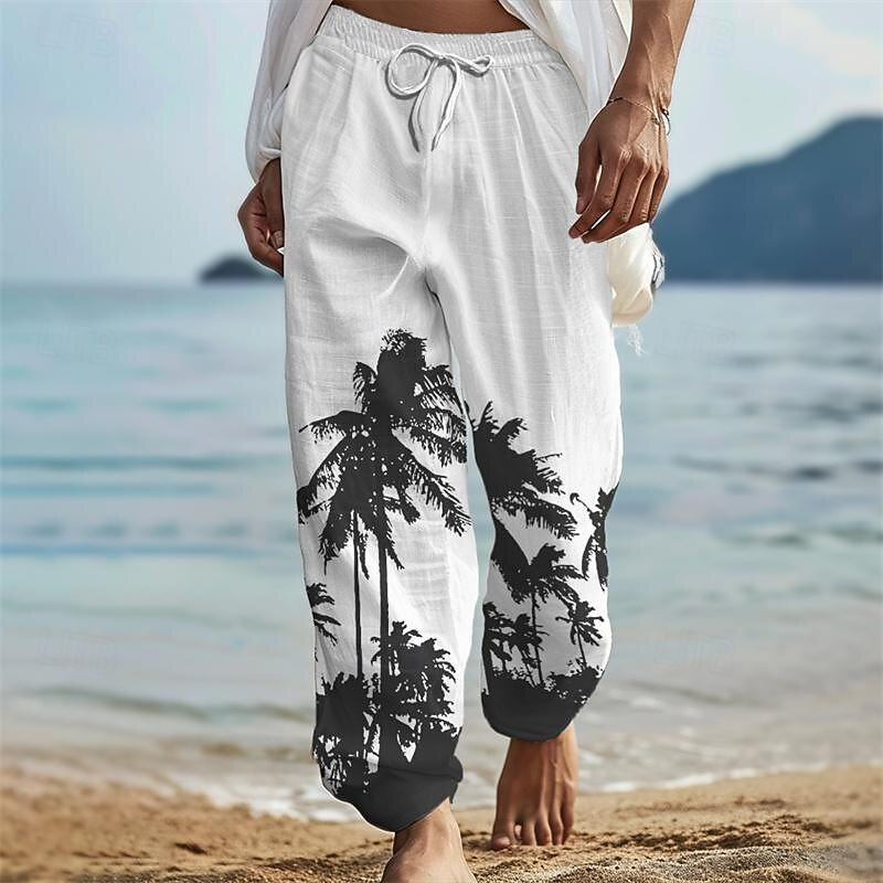 Men's Coconut Tree Linen Pants Pants Trousers Baggy Pants Mid Waist Vintage Outdoor Daily Wear Beach Fall & Winter White Blue Green