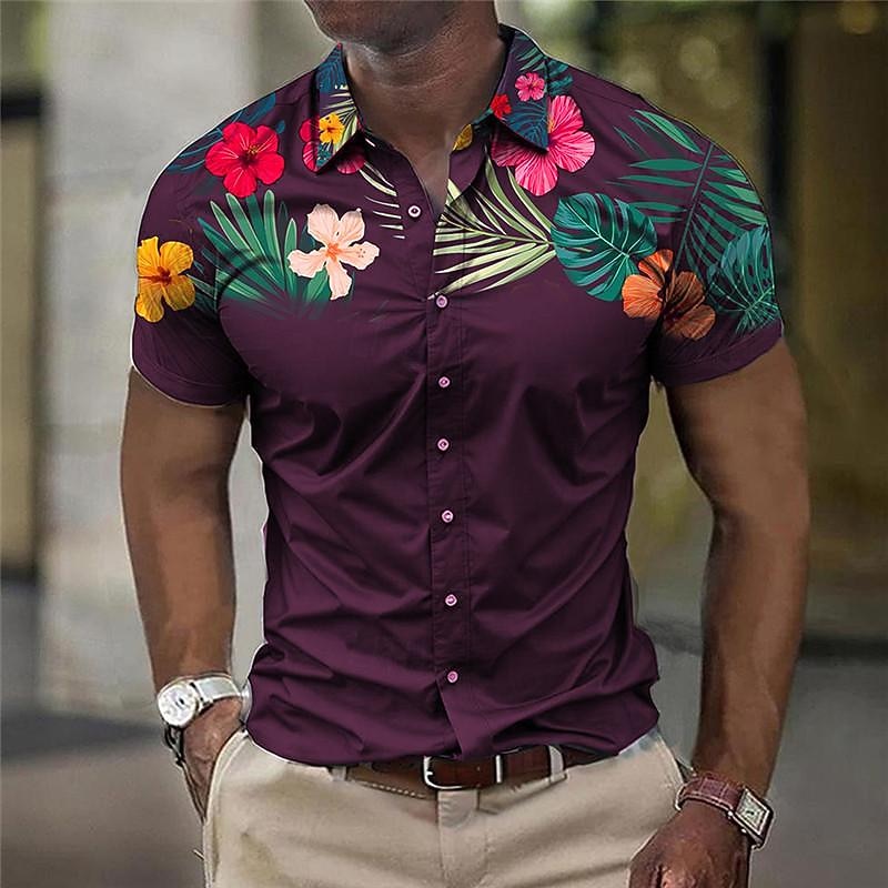 Men's Floral Button Up Shirt Printed Shirts Short Sleeve Business Casual Outdoor Street Wear to work Summer Turndown Print Button-Down Black Burgundy Navy Blue2