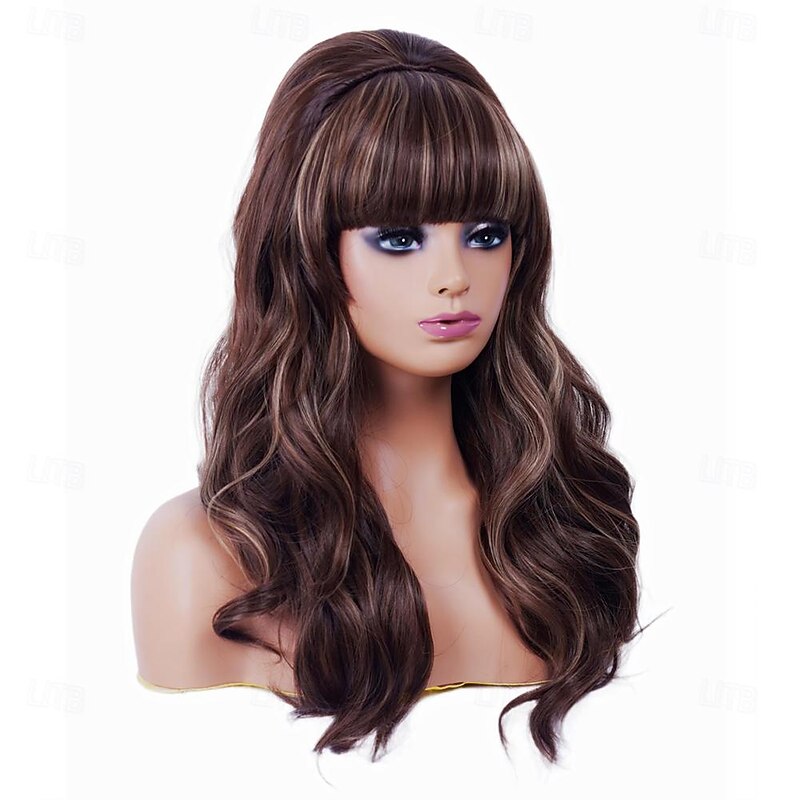 Long Brown Mixed Wig with Bang Retro Bouffant Beehive Wigs fits 80s Costume or Carnival Party Halloween Wigs3