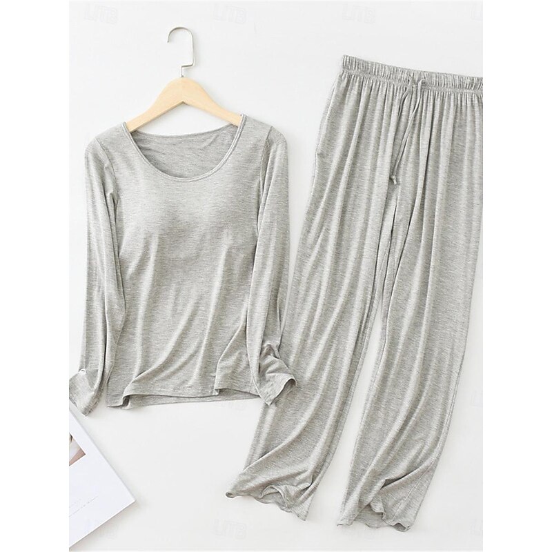 Women's Pajamas Sets Pure Color Simple Comfort Home Daily Bed Modal Breathable Crew Neck Long Sleeve T shirt Tee Pant Elastic Waist Summer Spring Home Outfits3