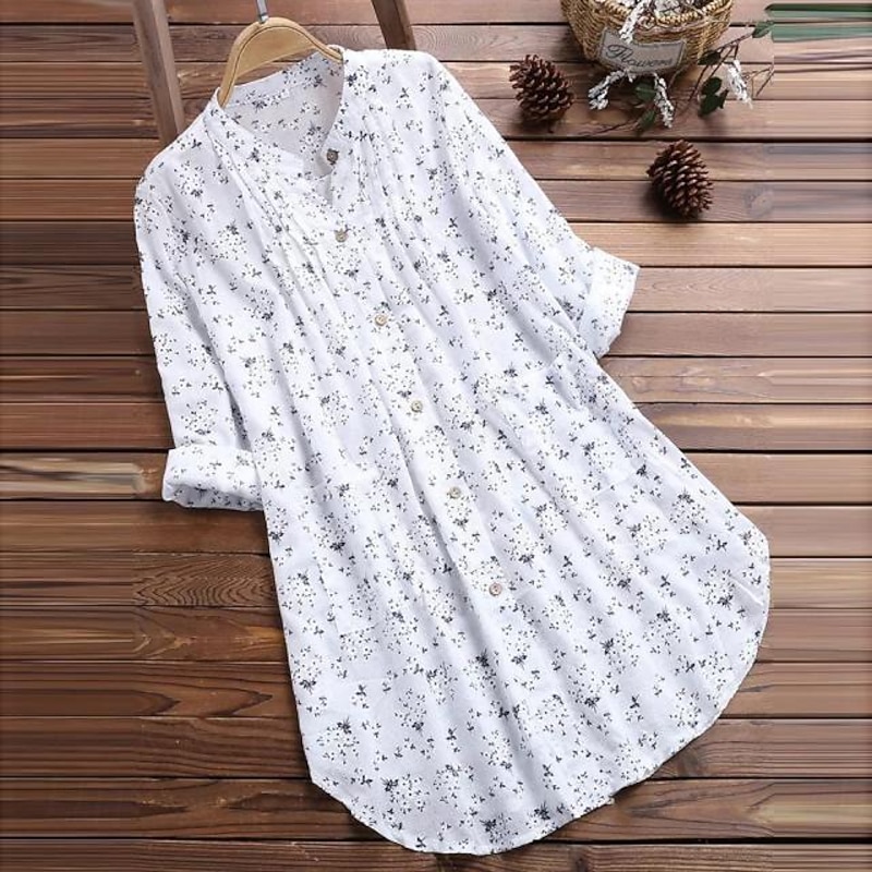 Long Cotton Top White Cotton Blouse Women's White Blue Green Floral Button Printing Street Daily Fashion Round Neck  Regular Fit M