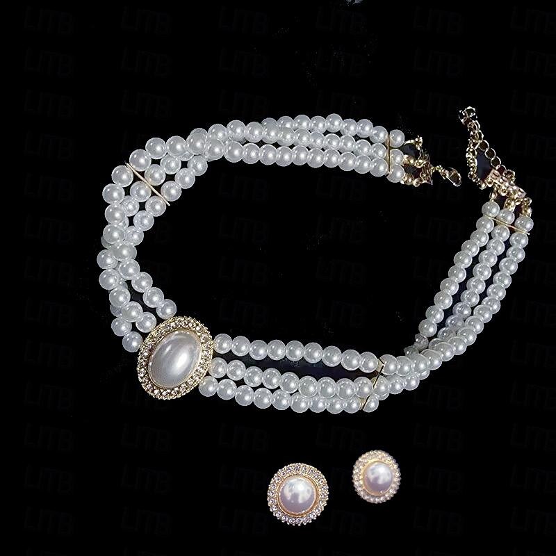 Women's Pearl Necklace Earring Set Elegant Double Strand Wedding Bridal White Crystal Accent Formal Jewelry Accessory One Size4