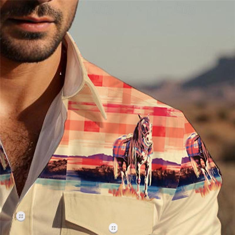 Men's Cowboy Western Shirt Button Up Shirt Cowboy Shirt Long Sleeve Vintage Western Daily Wear Going out Weekend Spring Fall Winter Turndown Collared Shirts 3D Print Front Pocket Blue Green Khaki Gray3