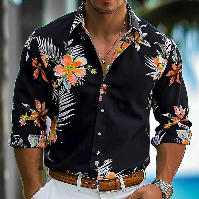 Men's Floral Tropical Flowers Summer Hawaiian Shirt Aloha Shirt Printed Shirts Long Sleeve Shirt Turndown Hawaiian Resort Vacation Street Holiday Pink Orange Green S M L3