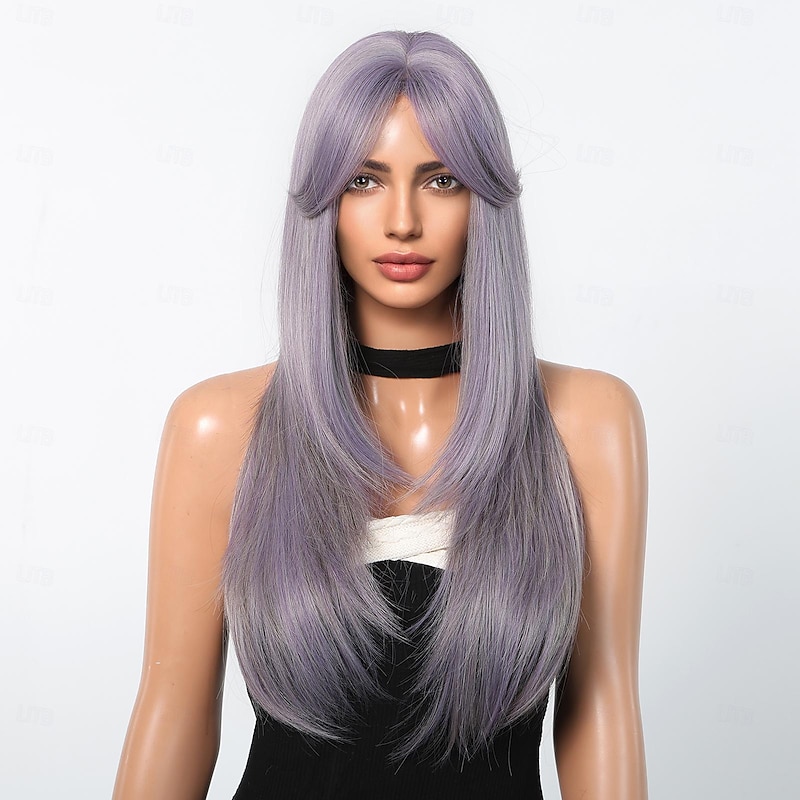 Synthetic Wig Uniforms Career Costumes Princess Straight kinky Straight Middle Part Layered Haircut Machine Made Wig 22 inch Purple / Blue Synthetic Hair Women's Cosplay Party Fashion Purple2